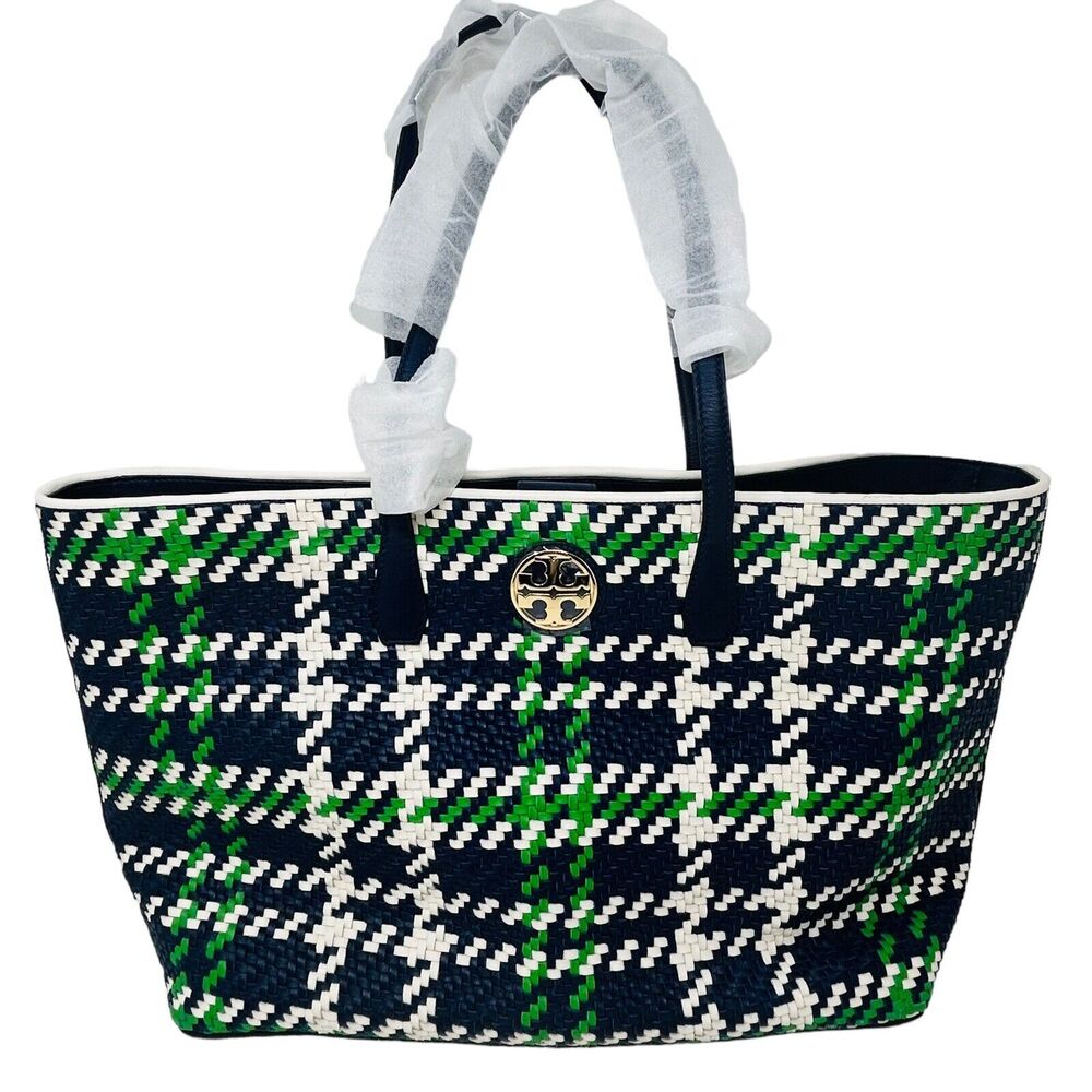 Tory Burch Woven Leather Large Tote Bag Blue Green White Preppy Nautical Travel